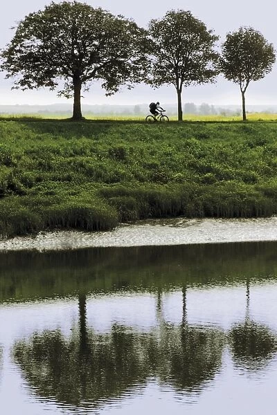 Cyclist on banks of River Somme, St. Valery sur Somme, Picardy, France, Europe