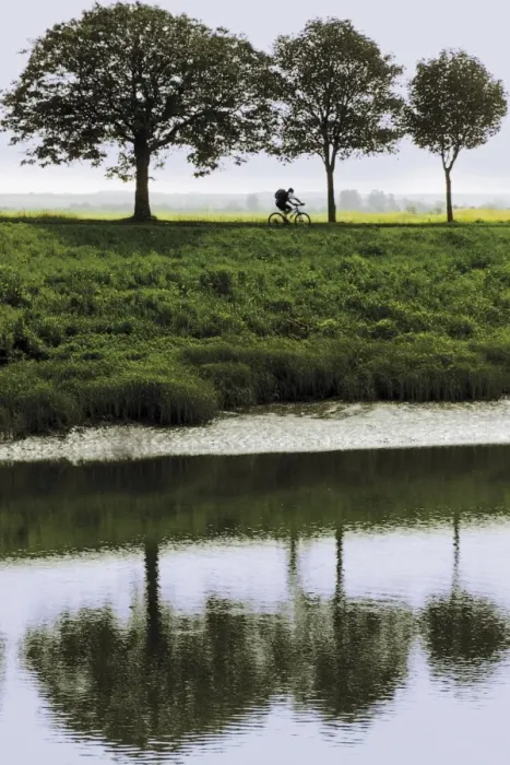Framed Print : Cyclist on banks of River Somme, St. Valery sur Somme, Picardy, France, Europe Framed Print : Cyclist on banks of River Somme, St. Valery sur Somme, Picardy, France, Europe