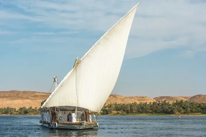 Framed Print : Dahabeah under sail, passenger river boat of the Lazuli fleet, sailing on the Nile river near Aswan, Egypt, North Africa, Africa