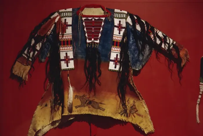 Framed Print : Dakota shirt, reworked, painted buckskin, with bull hair, eagle and hawk feathers Framed Print : Dakota shirt, reworked, painted buckskin, with bull hair, eagle and hawk feathers