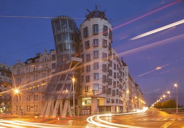 Dancing House (Ginger and Fred) by Frank Gehry, at night, Prague, Czech Republic, Europe