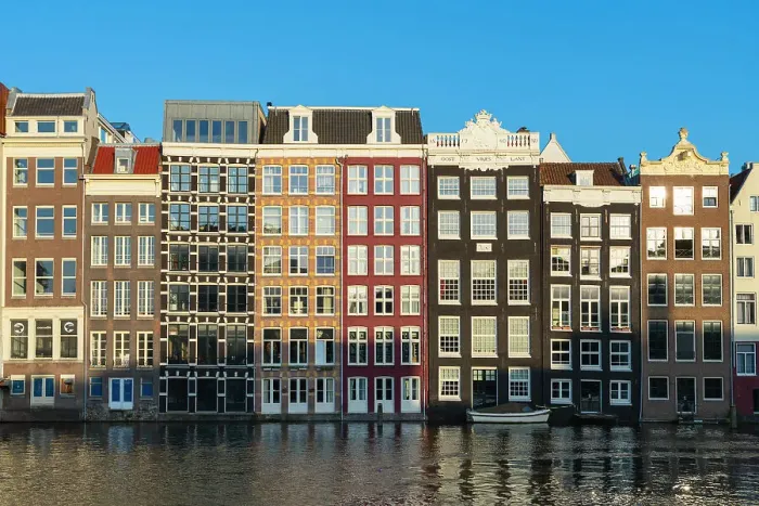 Framed Print : Dancing houses at Damrak at sunset, Amsterdam, The Netherlands, Europe