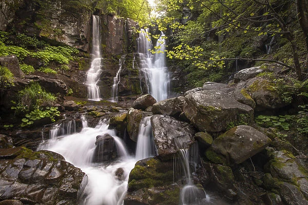 Dardagna waterfalls in the wood, flowing between rocks, Emilia Romagna, Italy, Europe