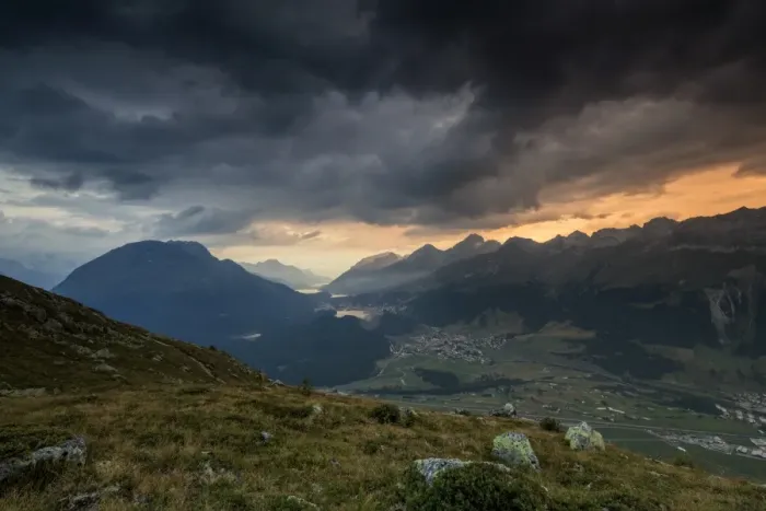 Framed Print : Dark clouds and sunset lights frame the rocky peaks of Muottas Muragl, St. Moritz Framed Print : Dark clouds and sunset lights frame the rocky peaks of Muottas Muragl, St. Moritz