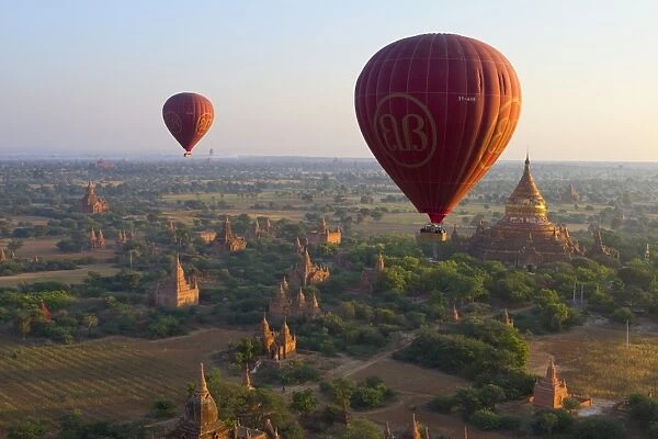 Dawn over ancient temples from hot air balloon, Bagan (Pagan), Central Myanmar, Myanmar (Burma), Asia