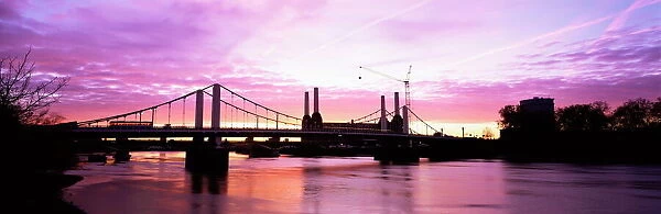 Dawn over Battersea Power Station and Chelsea Bridge, London, England, United Kingdom