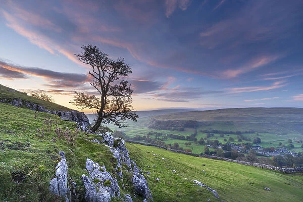 Dawn light over Arncliffe village in Littondale, North Yorkshire, Yorkshire, England