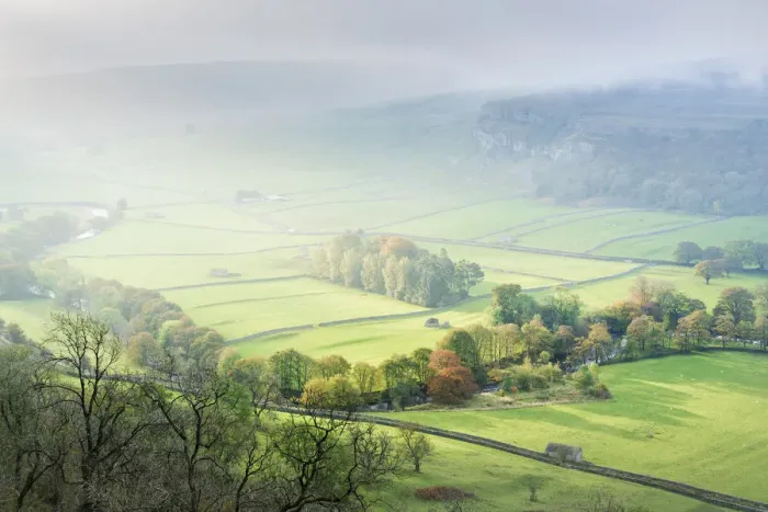 Framed Print : Dawn light over Arncliffe village in Littondale, North Yorkshire, Yorkshire, England