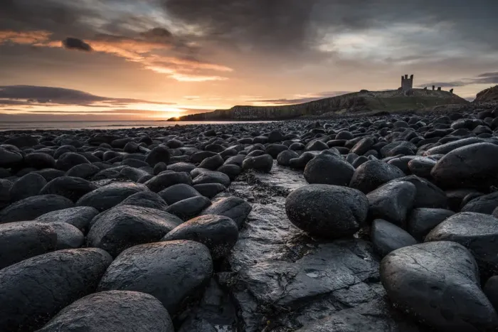 Framed Print : Dawn light reflecting on the rocks at Dunstanburgh Castle on the North East Coast Framed Print : Dawn light reflecting on the rocks at Dunstanburgh Castle on the North East Coast