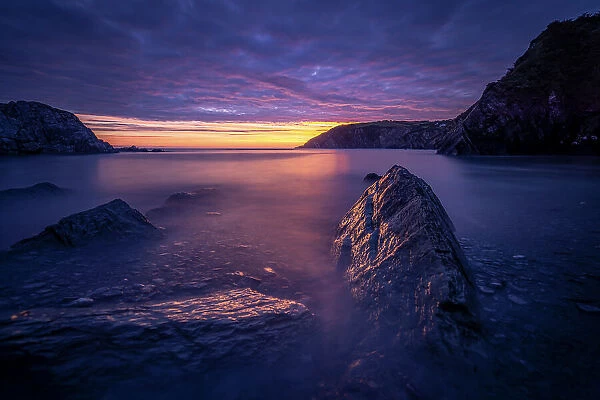 Dawn twilight with clouds at Sandy Bay, North Devon, England, United Kingdom, Europe