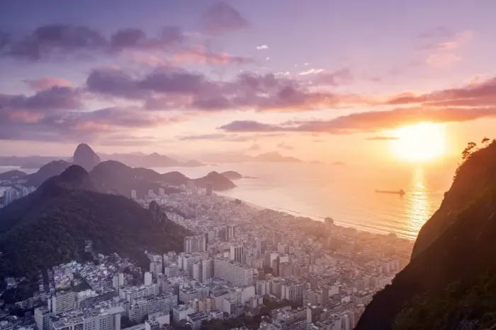 Framed Print : Dawn view of the Sugar Loaf, Sao Joao favela, Guanabara bay, the Atlantic and the mountains of Rio Framed Print : Dawn view of the Sugar Loaf, Sao Joao favela, Guanabara bay, the Atlantic and the mountains of Rio