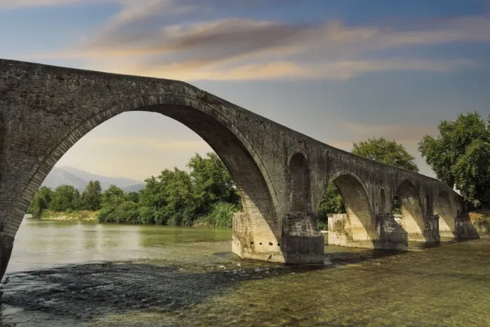 Framed Print : Day view of historic stone bridge of Arta above the Arachthos River, Arta, Epirus region, Greece, Europe Framed Print : Day view of historic stone bridge of Arta above the Arachthos River, Arta, Epirus region, Greece, Europe