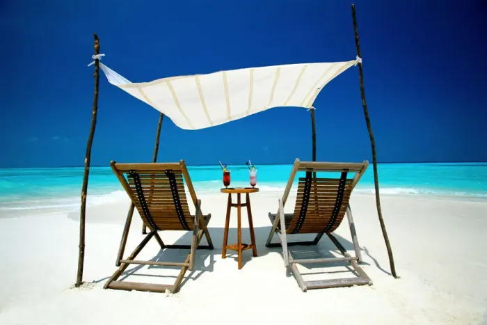 Framed Print : Two deck chairs under shelter on beach, Maldives, Indian Ocean, Asia Framed Print : Two deck chairs under shelter on beach, Maldives, Indian Ocean, Asia