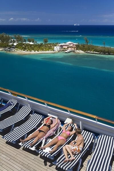 Deck of cruise ship and Paradise Island, Nassau, New Providence Island