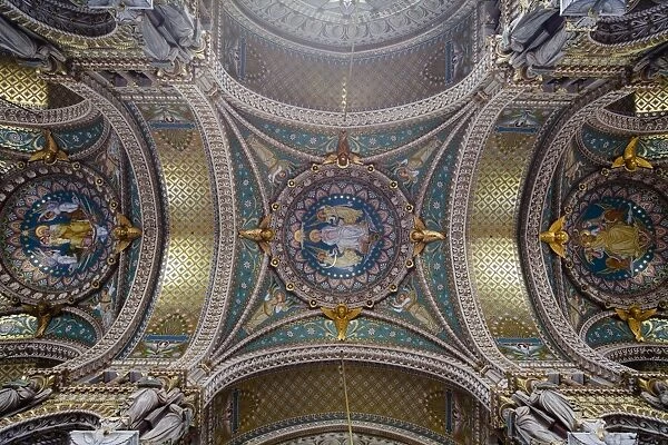 The decorated ceiling of Notre Dame de Fourviere, Lyon, Rhone, Rhone-Alpes, France, Europe
