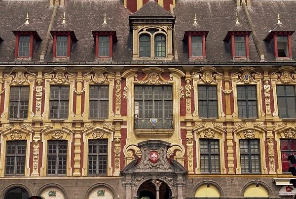 Detail of decorated facade and windows of the Old Exchange (Vielle Bourse) in Lille