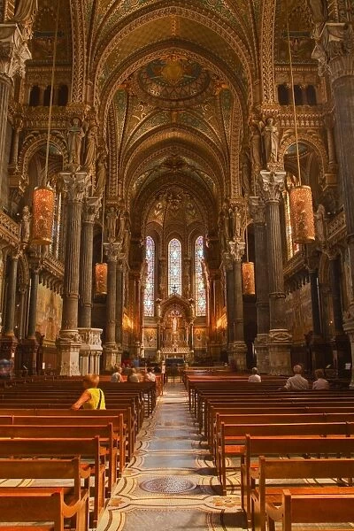 The decorated nave of Notre Dame de Fourviere, Lyon, Rhone, Rhone-Alpes, France, Europe