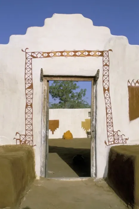 Framed Print : Decorated walls in village in the Jaisalmer area Framed Print : Decorated walls in village in the Jaisalmer area