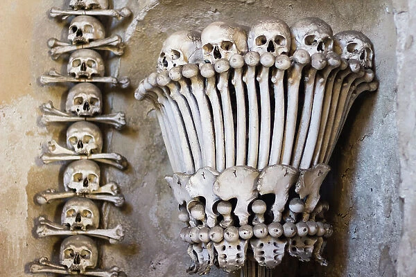 Decoration made of human skulls and bones, interior of Sedlec Ossuary, UNESCO World Heritage Site, Kutna Hora, Czech Republic (Czechia), Europe