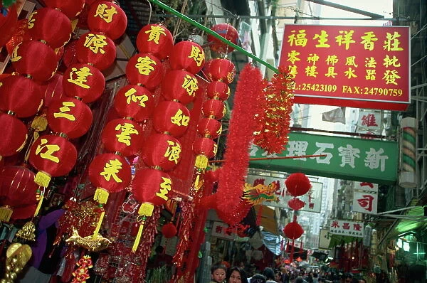 Decorations for Chinese New Year for sale in a street in Central, Hong Kong Island