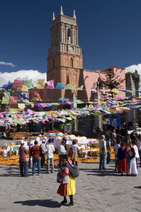 Framed Print : Decorations for the Day of the Dead festival, with Iglesia de San Rafael in the background Framed Print : Decorations for the Day of the Dead festival, with Iglesia de San Rafael in the background