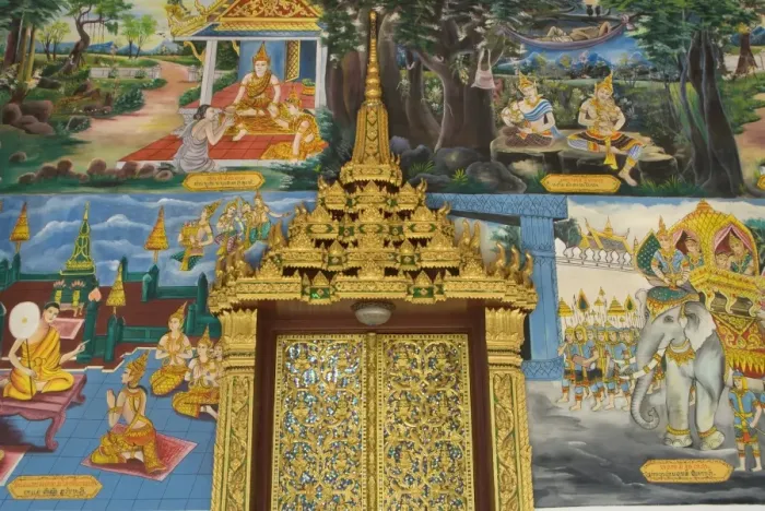Framed Print : Decorative door and wall paintings, Wat Impeng, Vientiane, Laos, Indochina, Southeast Asia, Asia Framed Print : Decorative door and wall paintings, Wat Impeng, Vientiane, Laos, Indochina, Southeast Asia, Asia