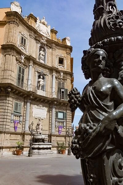 Decorative lamp post and Piazza Quattro Canti in Palermo, Sicily, Italy, Europe