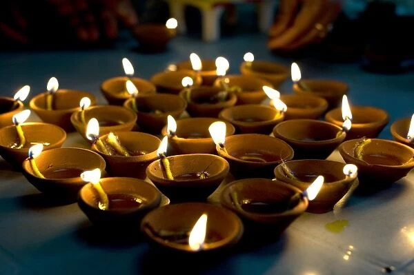 Deepak lights (oil and cotton wick candles) lit for domestic decoration to celebrate the Diwali festival