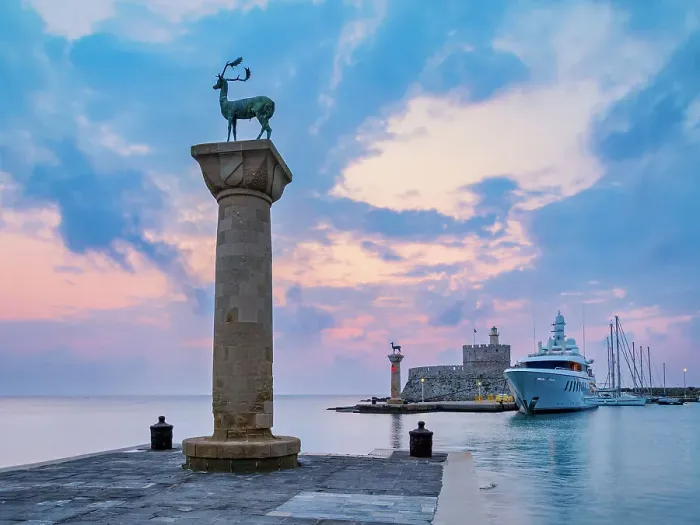 Framed Print : Deer and Doe on columns at the entrance to Mandraki Harbour, former Colossus of Rhodes location, Saint Nicholas Fortress in the background, sunrise, Rhodes City, Rhodes Island, Dodecanese, Greek Islands, Greece, Europe Framed Print : Deer and Doe on columns at the entrance to Mandraki Harbour, former Colossus of Rhodes location, Saint Nicholas Fortress in the background, sunrise, Rhodes City, Rhodes Island, Dodecanese, Greek Islands, Greece, Europe