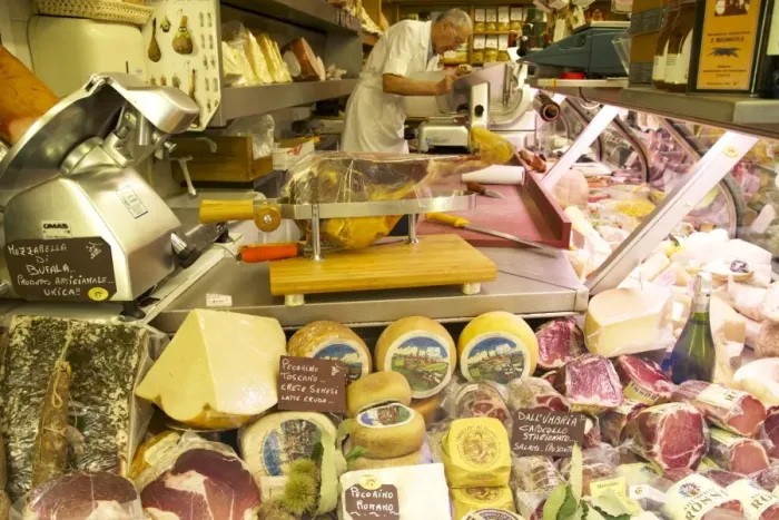 Framed Print : Delicatessen food store with cheese and ham on sale, Rome, Lazio, Italy, Europe Framed Print : Delicatessen food store with cheese and ham on sale, Rome, Lazio, Italy, Europe