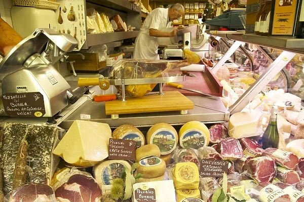 Delicatessen food store with cheese and ham on sale, Rome, Lazio, Italy, Europe