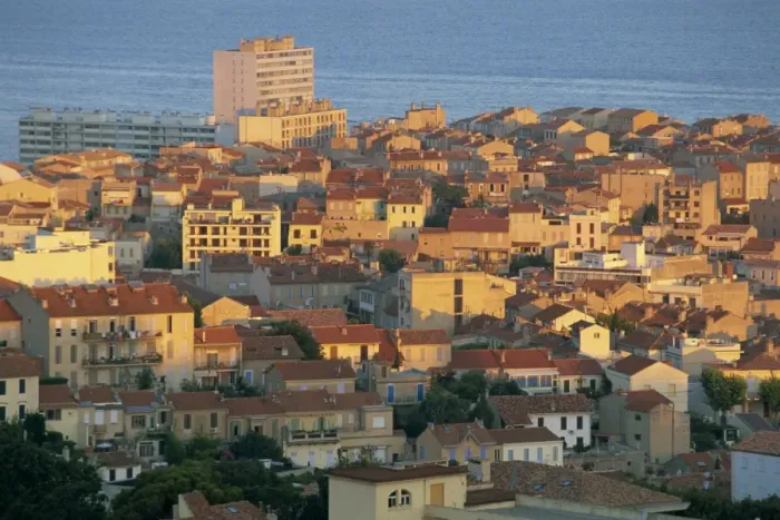 Framed Print : Dense housing seen from Basilica of Notre Dame de la Garde at sunrise, Marseille Framed Print : Dense housing seen from Basilica of Notre Dame de la Garde at sunrise, Marseille