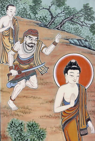 Depiction of the story of the Buddha distracting murderer Angulimala from killing his own