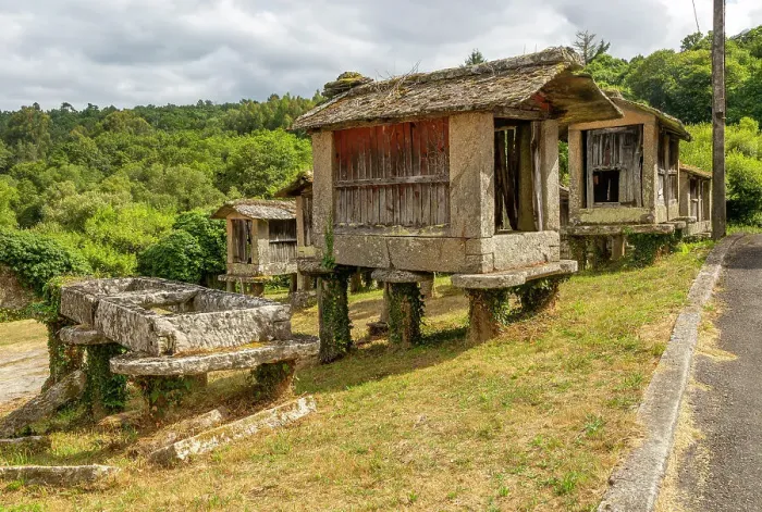 Framed Print : Derelict abandoned old granary grain stores (horreos) in village of Rubillon, Ourense province, Galicia, Spain, Europe