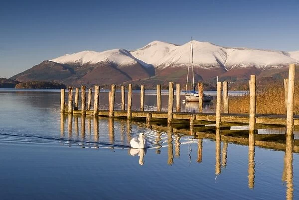 Derwent Water and snow capped Skiddaw from Lodor Hotel Jetty, Borrowdale, Lake District