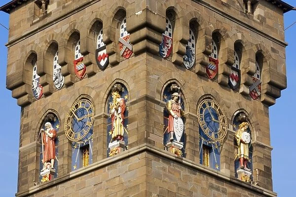A detailed view of the Clock Tower at Cardiff Castle, Cardiff, Glamorgan, Wales, United Kingdom, Europe
