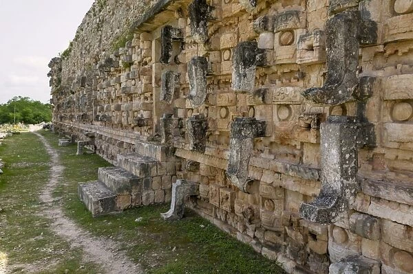 Detailed wall at the Palace of Masks, a Mayan site at Kabah in the Yucatan, Mexico, North America