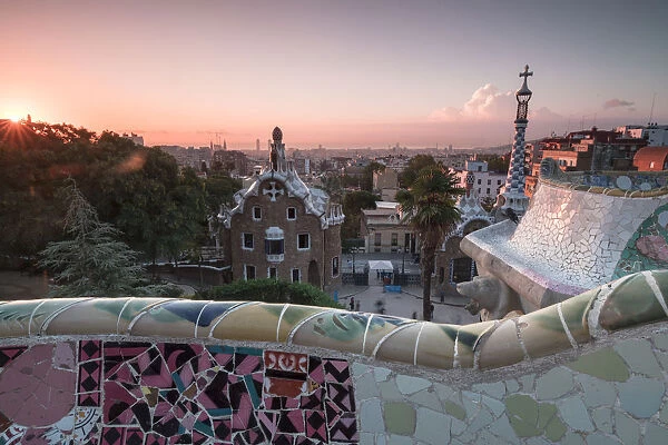 Details of Antoni Gaudis architecture in Park Guell, UNESCO World Heritage Site