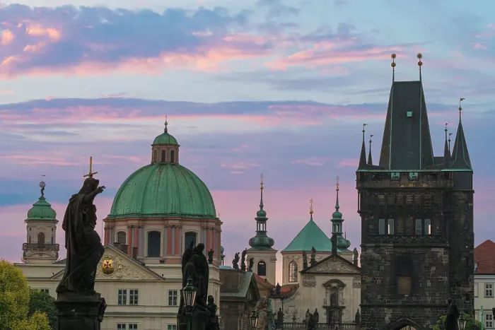 Framed Print : Details of statues and spires at Charles Bridge at sunrise, featuring dome of Church of Saint Francis of Assisi and Old Town Bridge Tower, UNESCO World Heritage Site Prague, Bohemia, Czech Republic (Czechia), Europe Framed Print : Details of statues and spires at Charles Bridge at sunrise, featuring dome of Church of Saint Francis of Assisi and Old Town Bridge Tower, UNESCO World Heritage Site Prague, Bohemia, Czech Republic (Czechia), Europe
