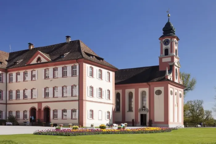 Framed Print : Deutschordensschloss Castle and church, Mainau Island, in spring, Lake Constance Framed Print : Deutschordensschloss Castle and church, Mainau Island, in spring, Lake Constance
