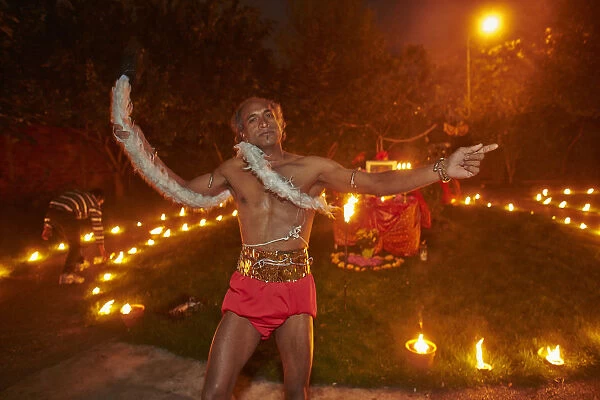 Devotee impersonating the Hindu god Hanuman, Diwali festival at the Sarcelles ISKCON