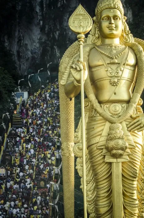 Framed Print : Devotees climb the steps to Batu Caves, overseen by a statue of Lord Murugan during Thaipusam, Batu Caves, Kuala Lumpur, Malaysia Framed Print : Devotees climb the steps to Batu Caves, overseen by a statue of Lord Murugan during Thaipusam, Batu Caves, Kuala Lumpur, Malaysia