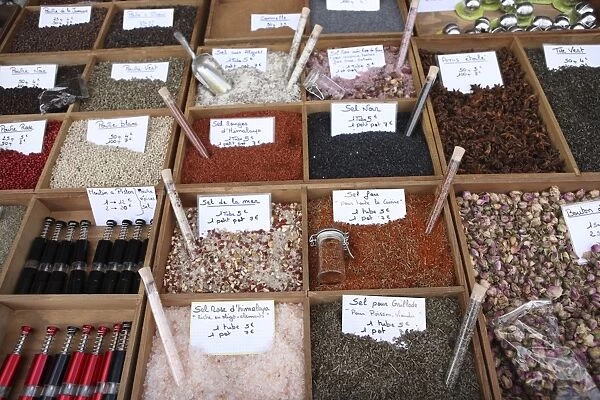 Different types of salt in a street market on the French Riviera, Provence