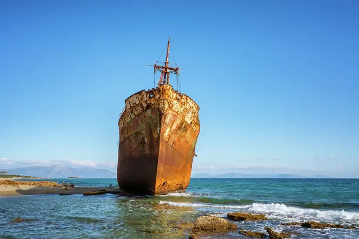 Framed Print : Dimitrios boat shipwreck on a sandy beach near Gythio, Peloponnese, Greece Framed Print : Dimitrios boat shipwreck on a sandy beach near Gythio, Peloponnese, Greece