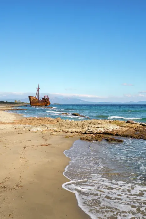 Framed Print : Dimitrios boat shipwreck on a sandy beach near Gythio, Peloponnese, Greece Framed Print : Dimitrios boat shipwreck on a sandy beach near Gythio, Peloponnese, Greece