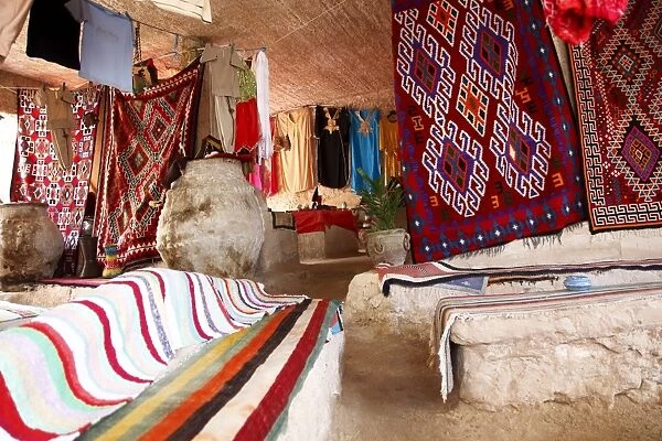 Display of local cloths and carpets, Mides Oasis, Tunisia, North Africa, Africa
