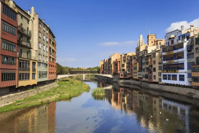 Framed Print : Distinctive historic colourful arcaded houses and Onyar River, Girona, Girona Province Framed Print : Distinctive historic colourful arcaded houses and Onyar River, Girona, Girona Province