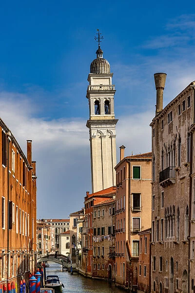 The distinctive leaning bell tower of the Church of San Giorgio dei Greci, Rio dei Greci, Venice, UNESCO World Heritage Site, Veneto, Italy, Europe