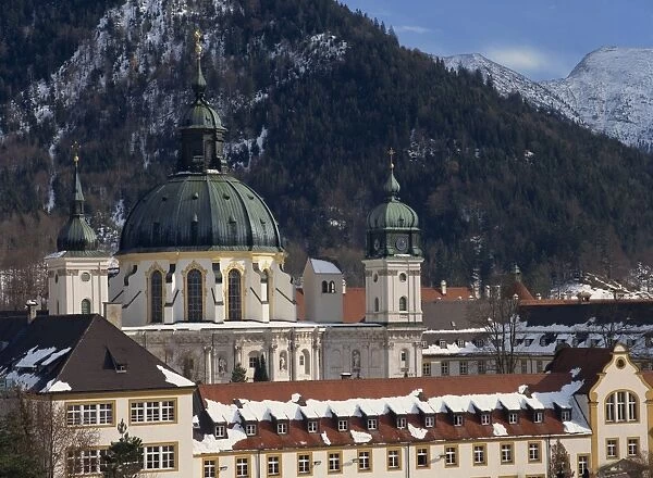 Domes and clock towers of Ettal Abbey in winter