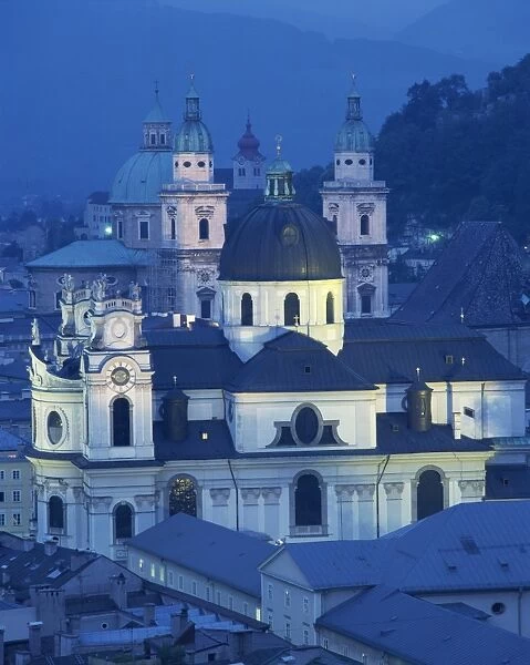 Domes and spires of churches in the evening in the town of Salzburg, Austria, Europe